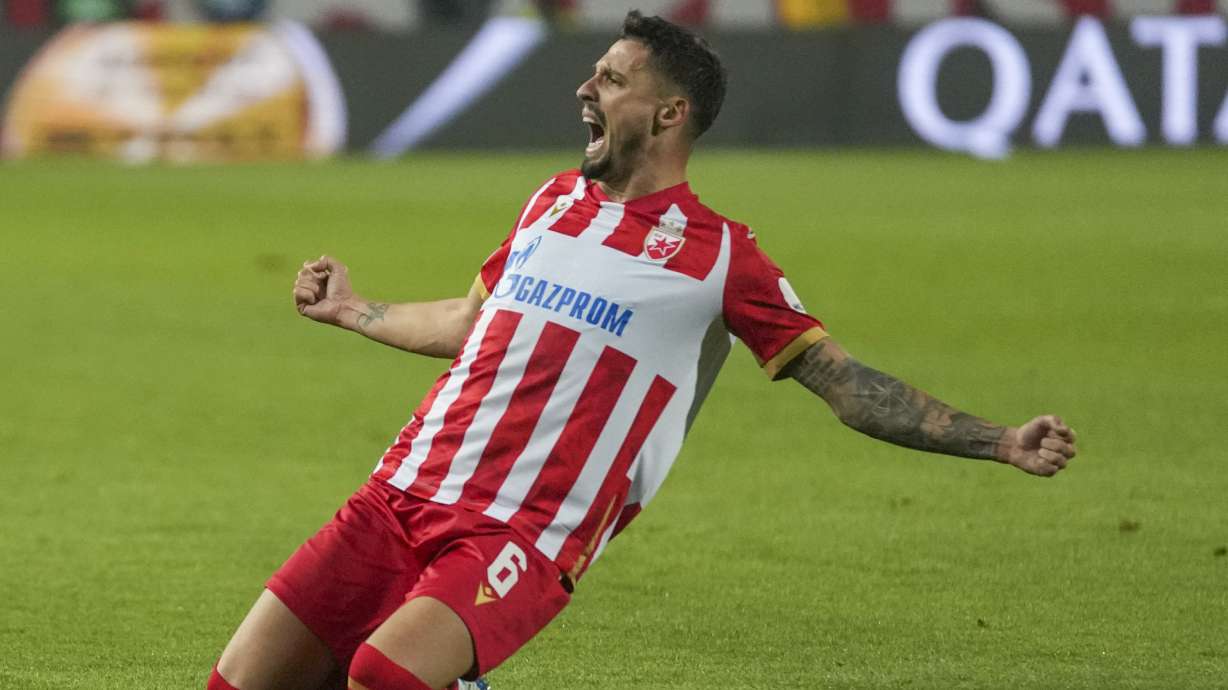 Red Star's Rade Krunic celebrates after scoring his side's second goal during the Champions League opening phase soccer match between Red Star and Stuttgart at the Rajko Mitic Stadium in Belgrade, Serbia, Wednesday, Nov. 27, 2024.