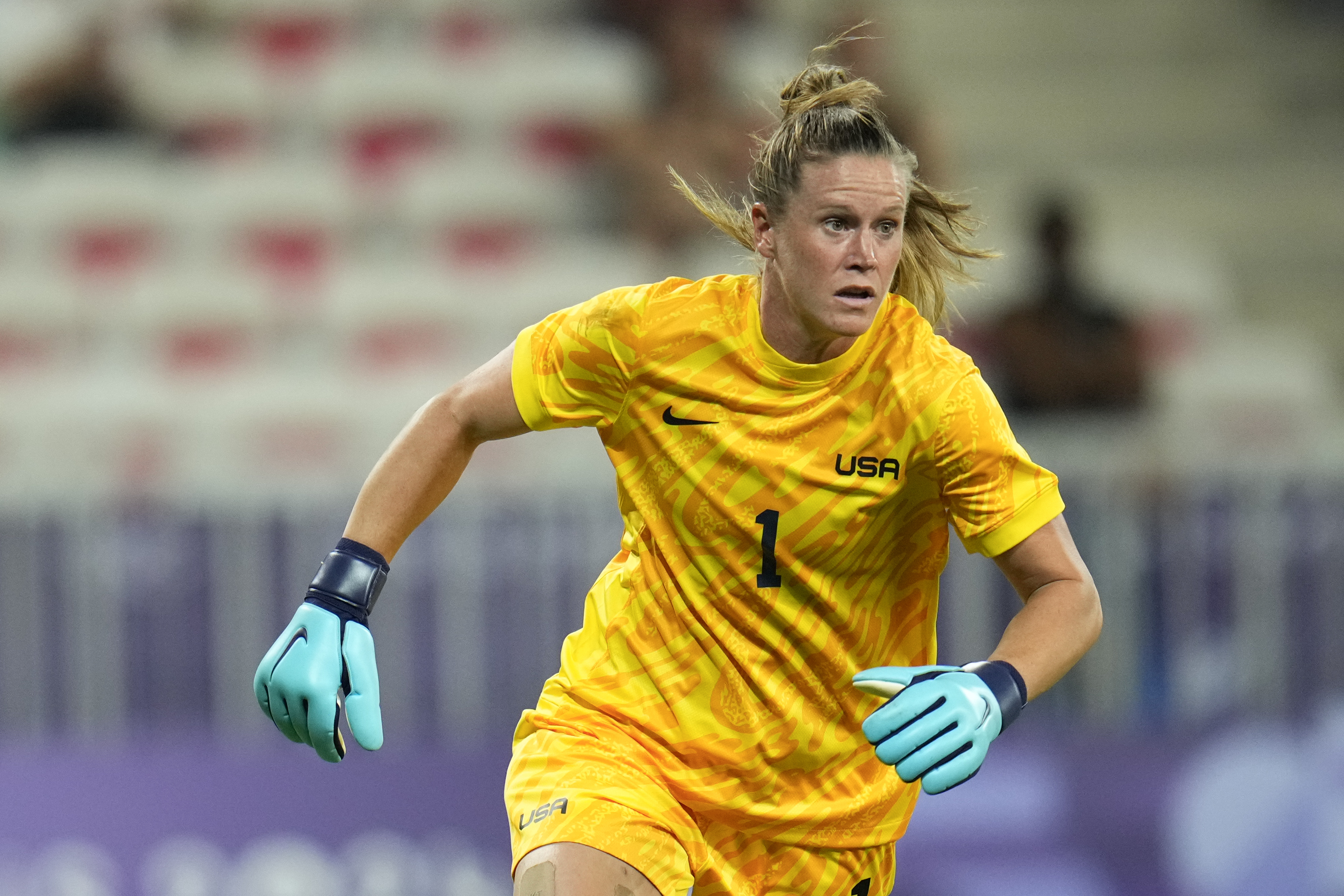 FILE - United States goalkeeper Alyssa Naeher defends her net during a women's group B match between the United States and Zambia at Nice Stadium at the 2024 Summer Olympics, Thursday, July 25, 2024, in Nice, France.