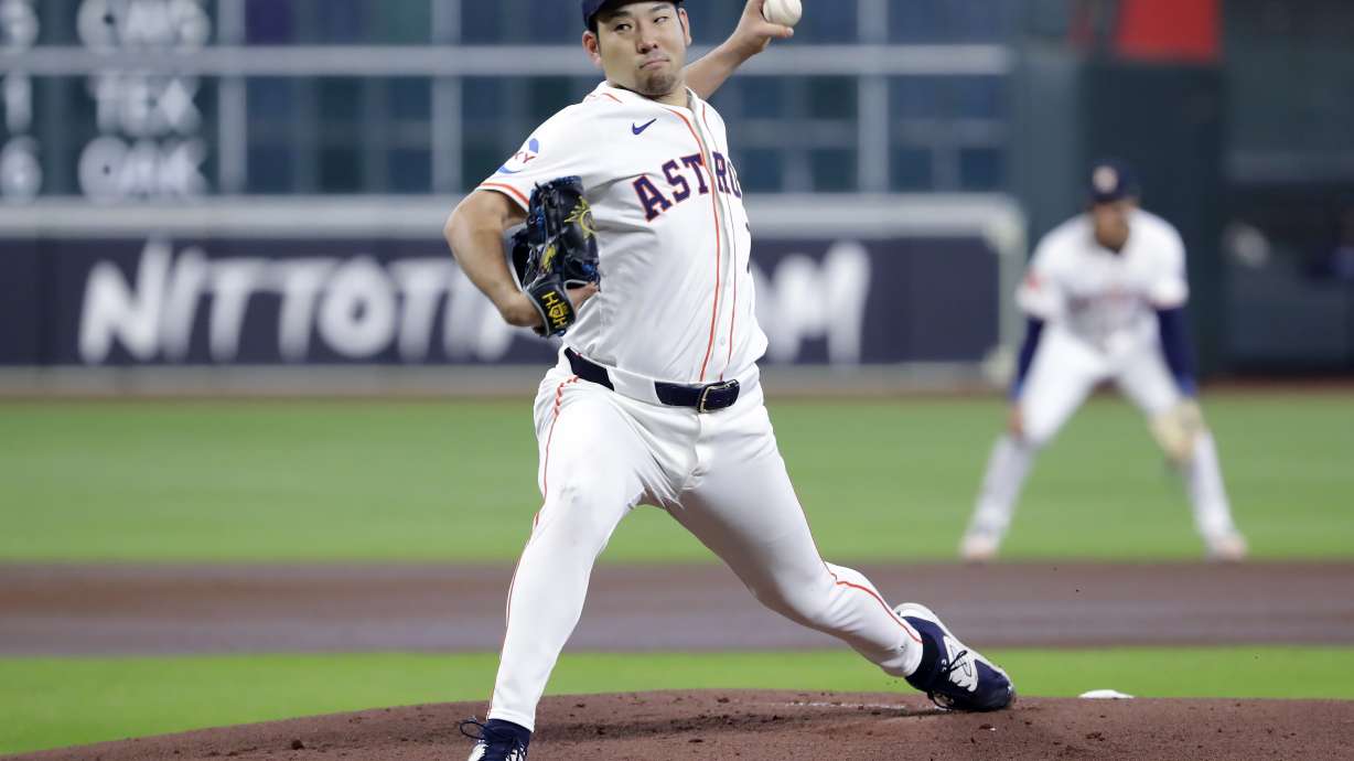FILE - Houston Astros starting pitcher Yusei Kikuchi throws against the Seattle Mariners during the first inning of a baseball game Wednesday, Sept. 25, 2024, in Houston.