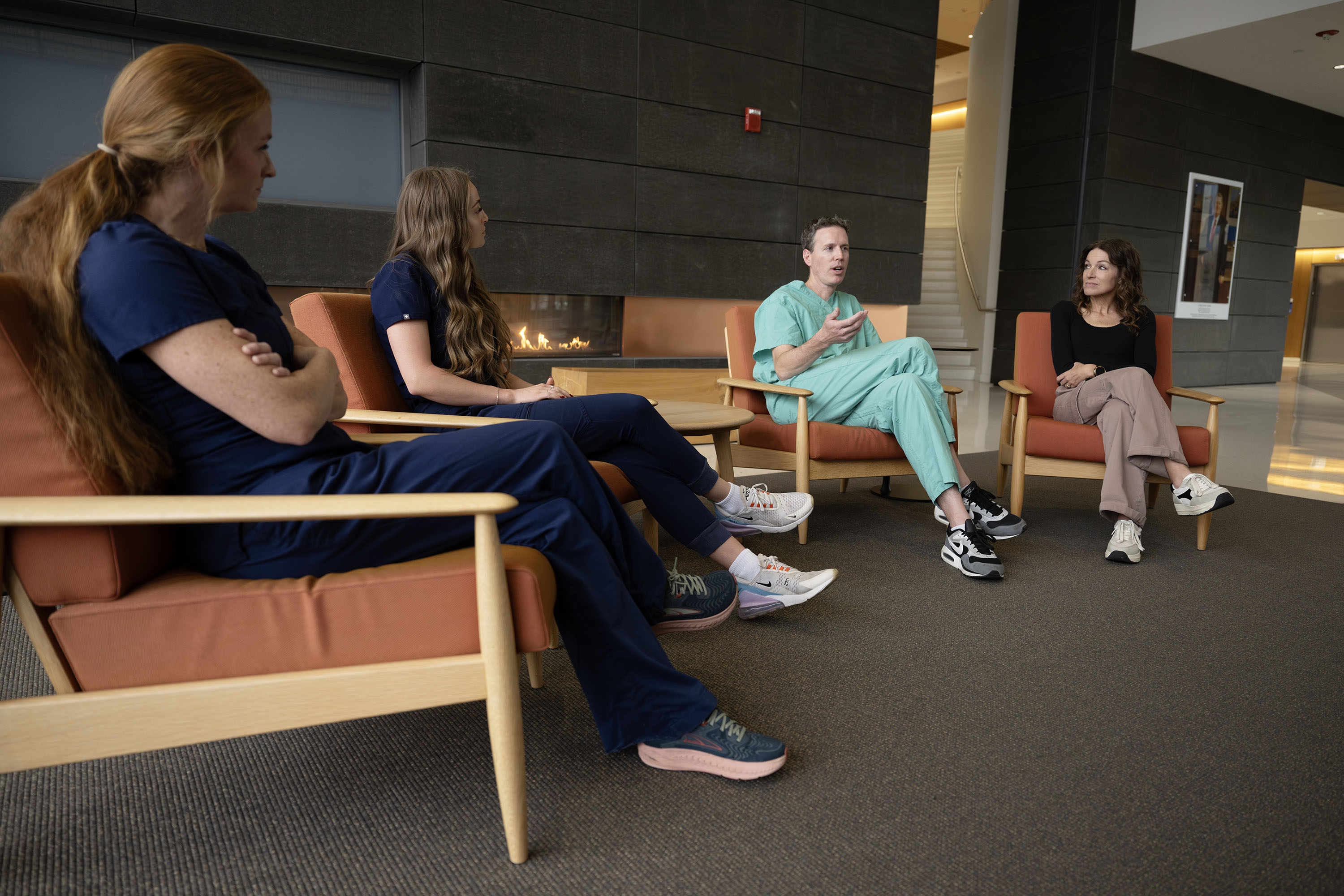 Saratoga Springs ER manager Julie Street, St. Mark’s ER nurse Katie Bradshaw Smith, Intermountain Medical Center’s Dr. Mike Henstrom and Stephanie Henstrom talk about being on hand to help Dan Sorensen, a Salt Lake City man who collapsed while cheering on friends and family by running with them near the finish line of the St. George Marathon. The group was reunited with each other on Tuesday at Intermountain Kem C. Gardner Transformation Center in Murray.