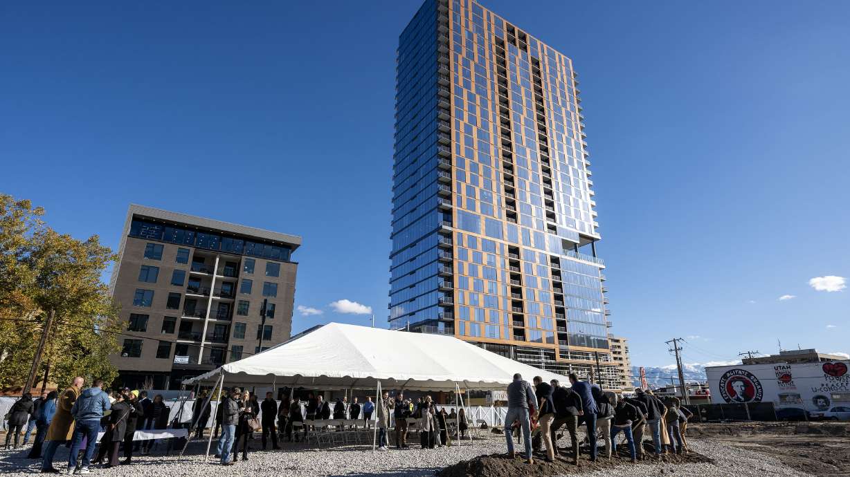 Developers and others gather for the groundbreaking for The Edison, a modern apartment community in Salt Lake City on Nov. 19. The project is the newest building east of downtown, but other tall projects are now being proposed in the area.