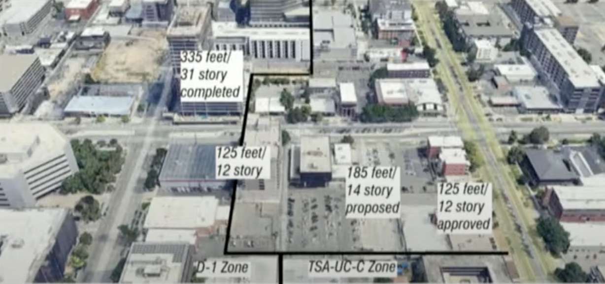 This map shows where the proposed 185-foot hotel would exist in relation to other taller buildings near 300 East and 300 South in Salt Lake City.