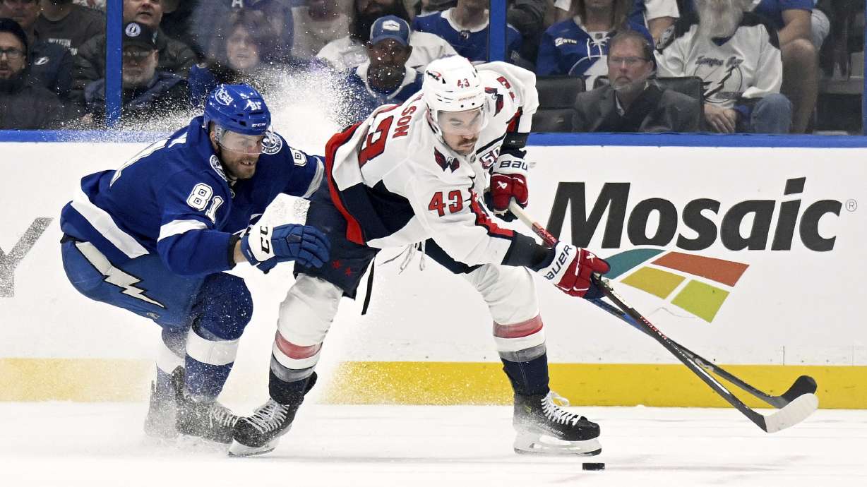 Tampa Bay Lightning defenseman Erik Cernak (81) and Washington Capitals right wing Tom Wilson battle for the puck during the second period of an NHL hockey game, Wednesday, Nov. 27, 2024, in Tampa, Fla.