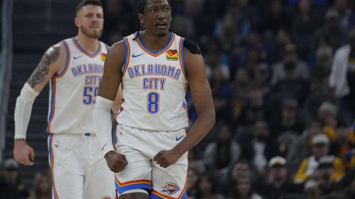 Oklahoma City Thunder forward Jalen Williams (8) reacts during the first half of an NBA basketball game against the Golden State Warriors, Wednesday, Nov. 27, 2024, in San Francisco.