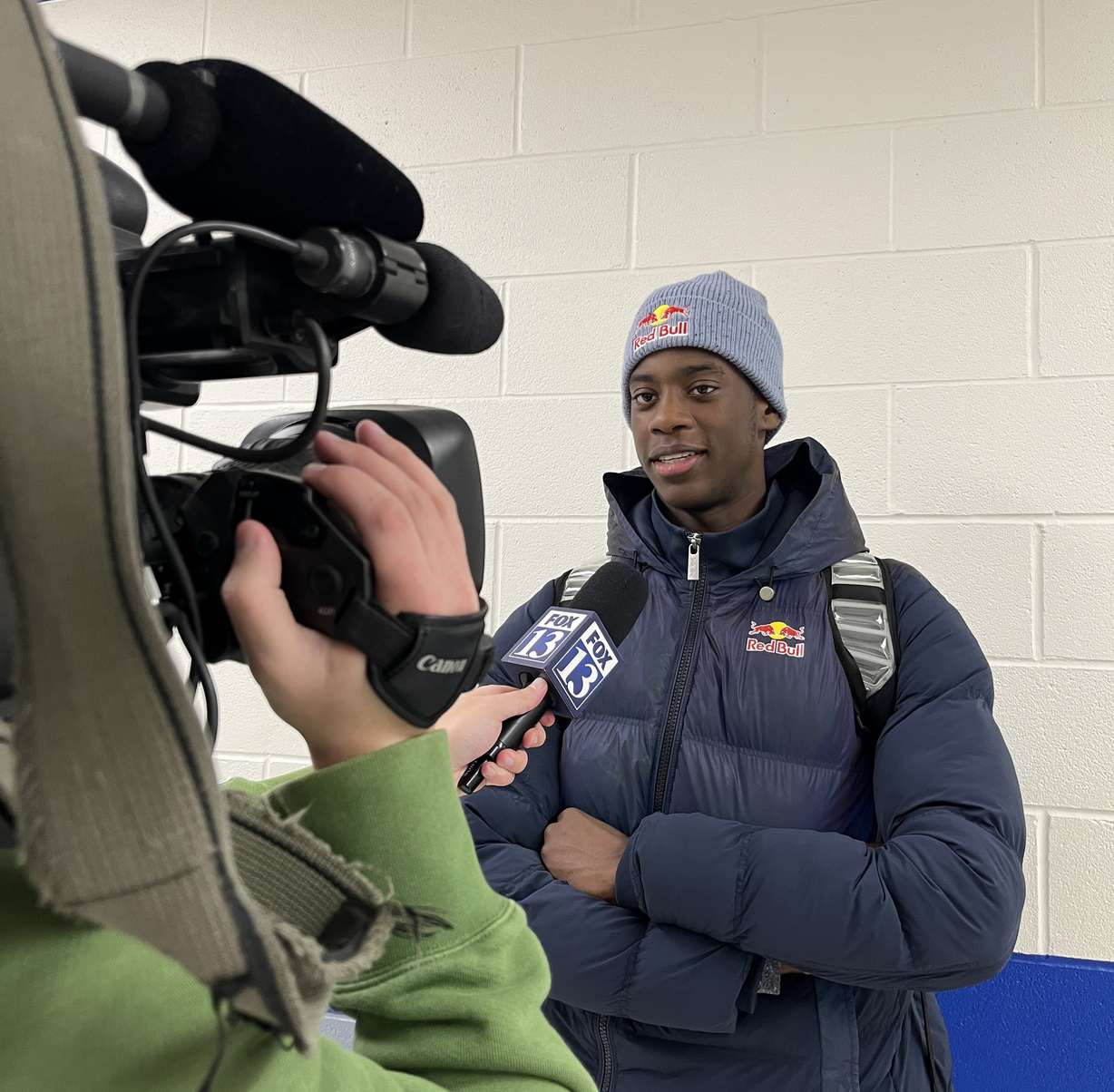 Utah Prep wing AJ Dybantsa, the consensus No. 1 boys' basketball recruit in the Class of 2026, speaks with reporters after a game at the third annual 5 for the Fight National Hoopfest at Pleasant Grove High School, Wednesday, Nov. 27, 2024 in Pleasant Grove, Utah.
