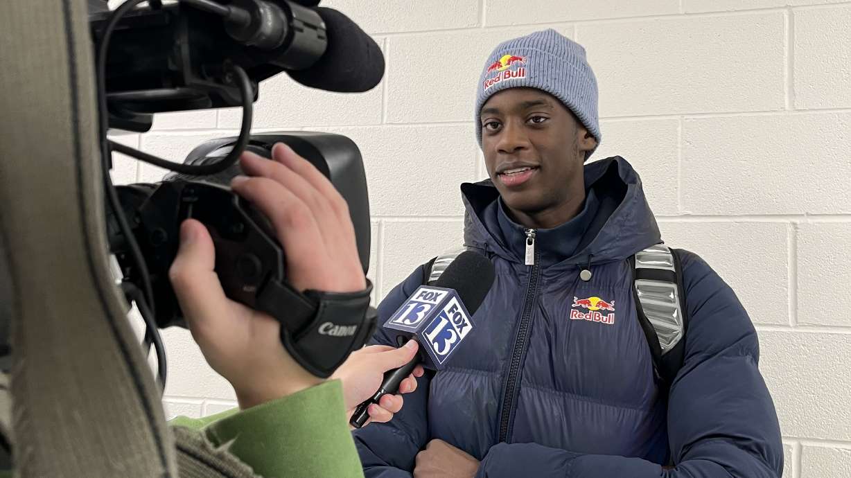 Utah Prep wing AJ Dybantsa, the consensus No. 1 boys' basketball recruit in the Class of 2026, speaks with reporters after a game at the third annual 5 for the Fight National Hoopfest at Pleasant Grove High School, Wednesday, Nov. 27, 2024 in Pleasant Grove, Utah.