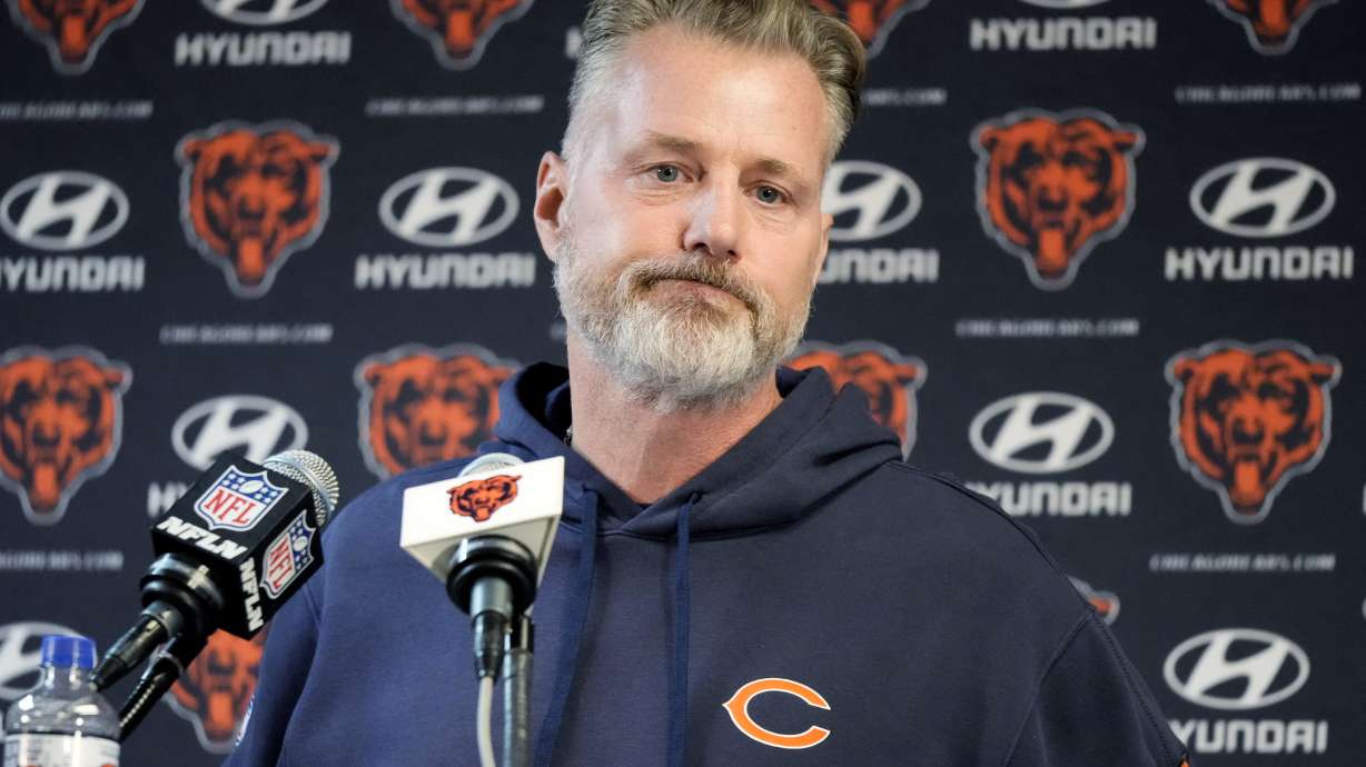 Chicago Bears head coach Matt Eberflus listens to reporters during a news conference after an NFL football game against the Green Bay Packers in Chicago, Sunday, Nov. 17, 2024.