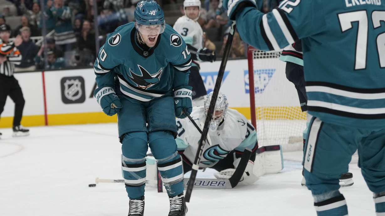 San Jose Sharks center Klim Kostin (10) celebrates after scoring against the Seattle Kraken during the first period of an NHL hockey game in San Jose, Calif., Friday, Nov. 29, 2024.