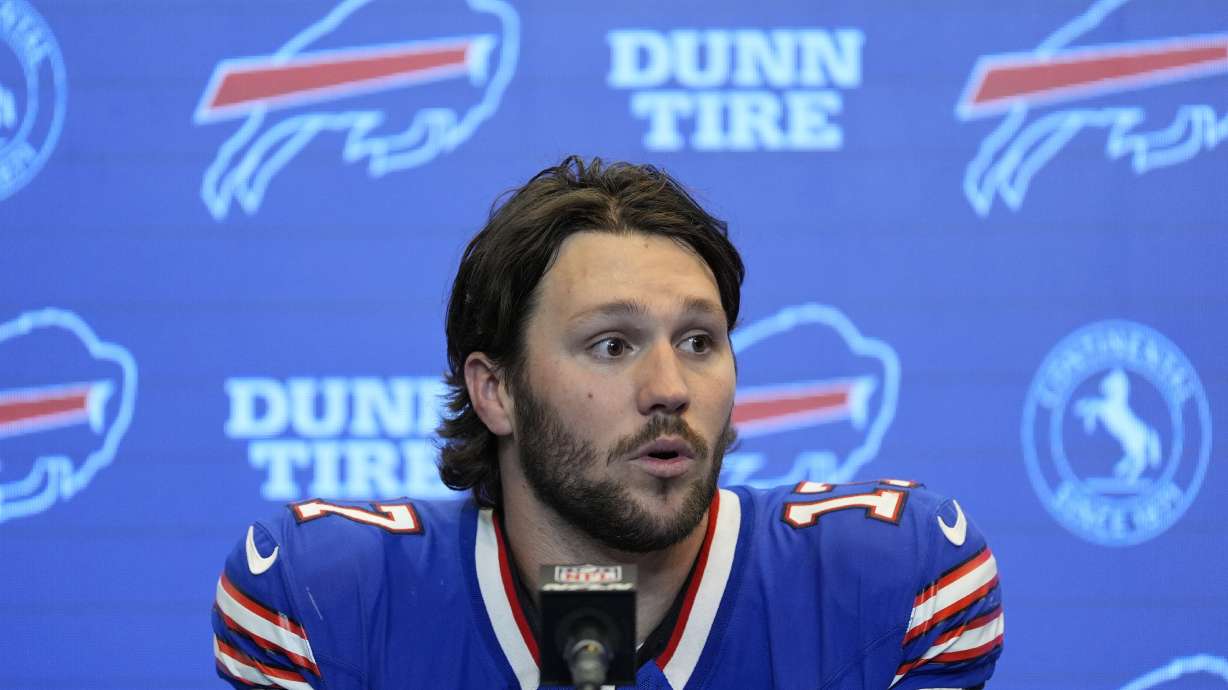 Buffalo Bills quarterback Josh Allen speaks during a news conference following an NFL football game against the Kansas City Chiefs Sunday, Nov. 17, 2024, in Orchard Park, N.Y. The Bills won 30-21.
