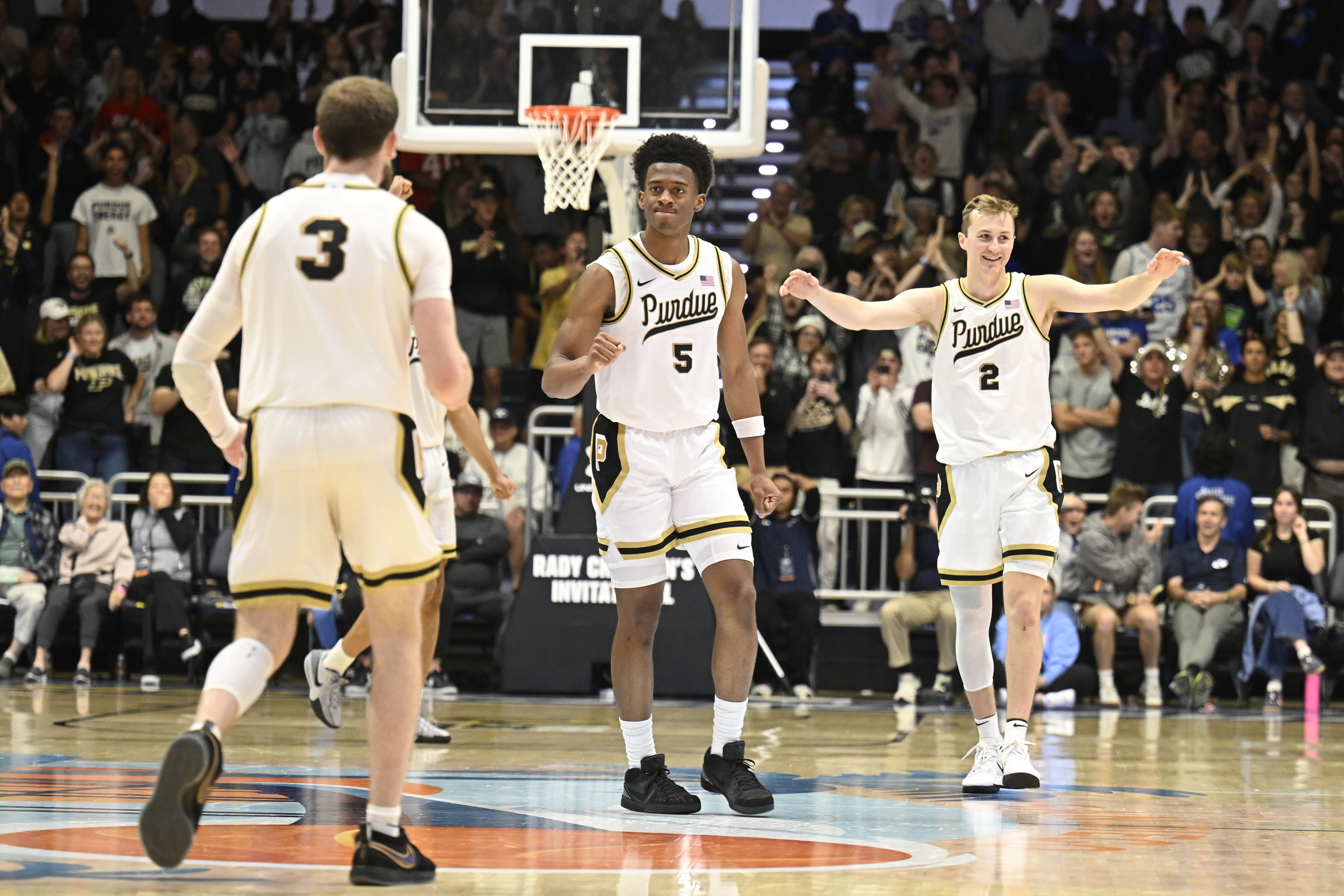 Purdue players celebrate during the second half of an NCAA college basketball game against Mississippi, Friday, Nov. 29, 2024, in San Diego.