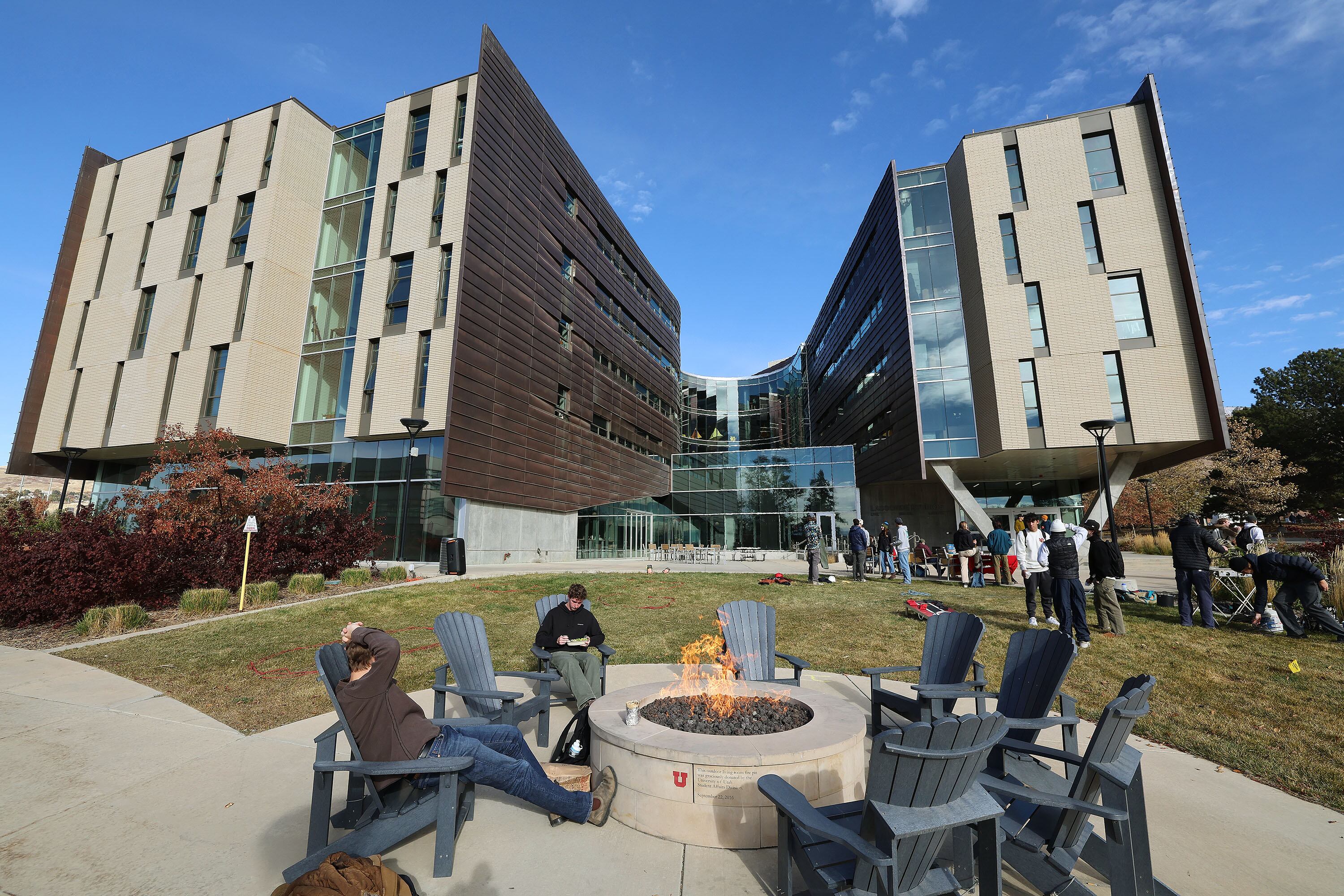 Students hang outside at the University of Utah’s Lassonde Studio in Salt Lake City on Nov. 20.