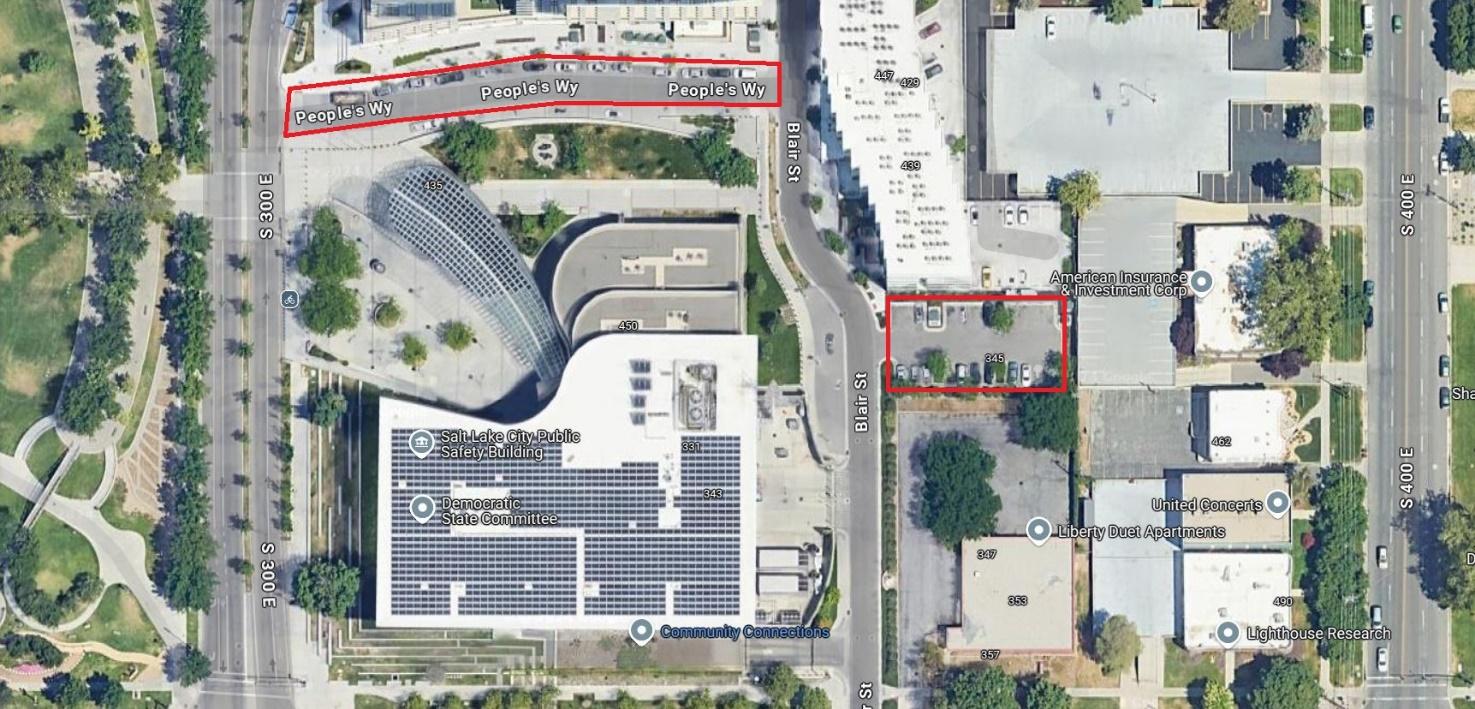 This map shows where People's Way and the east lot of the Salt Lake City Public Safety Building are located. A parking permit is required to park in either area beginning on Sunday.