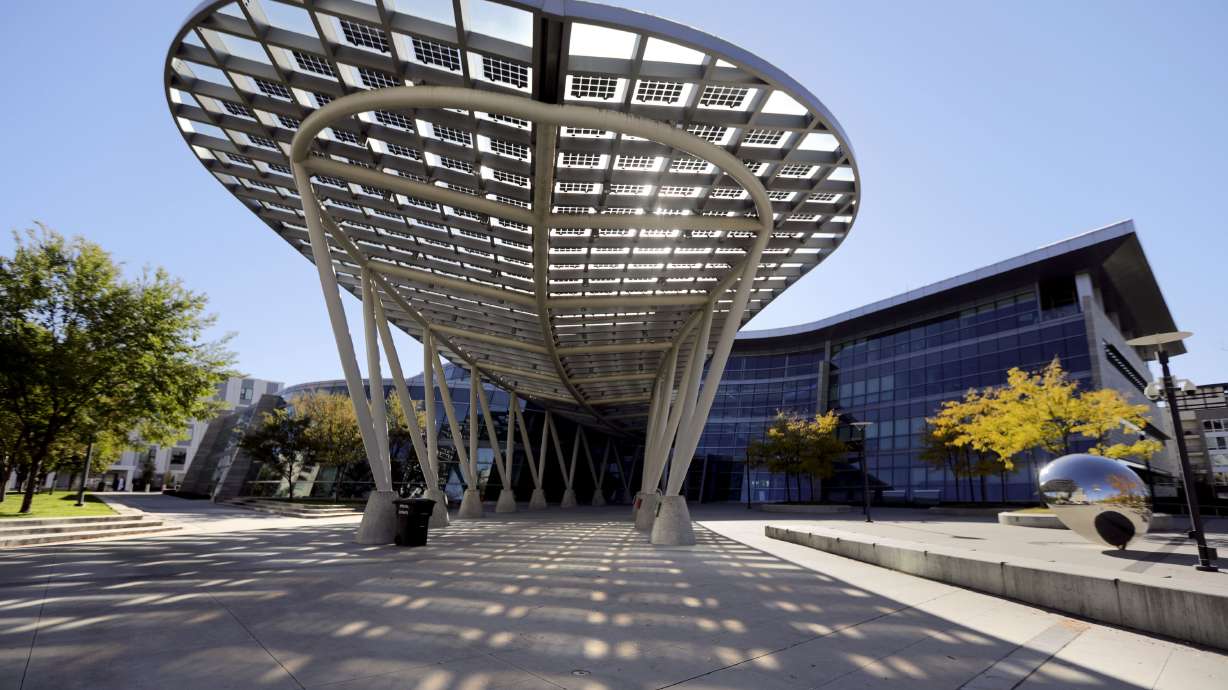 The Salt Lake City Public Safety Building is pictured in Salt Lake City on Oct. 21, 2021. Salt Lake police say they're enforcing tighter parking restrictions on People's Way north of the building and its east lot beginning on Sunday.