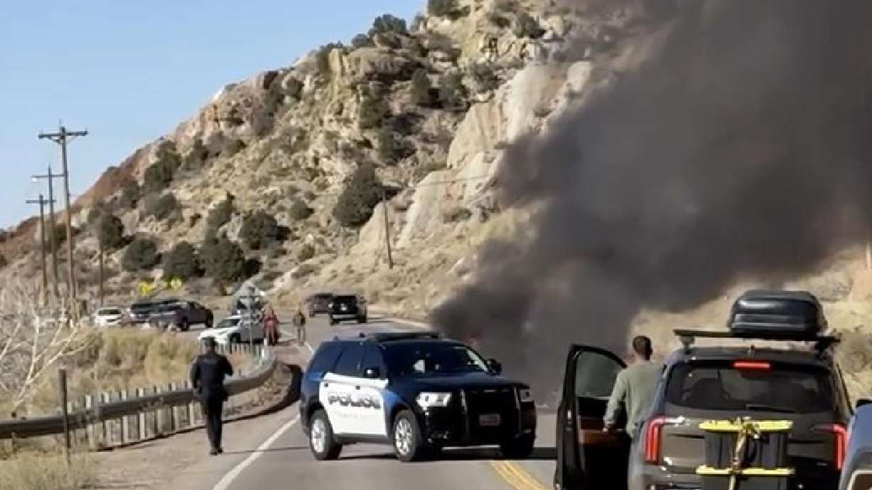 A still from a video showing the moments after a car was engulfed in flames in Cedar City Saturday. One person was found dead inside the vehicle.