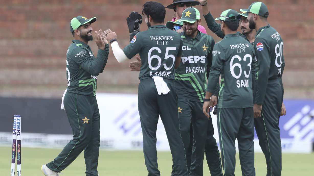 Pakistan celebrates a wicket during the third ODI cricket match between Zimbabwe and Pakistan at Queens Sports Club in Bulawayo, Zimbabwe, Thursday, Nov. 28, 2024.