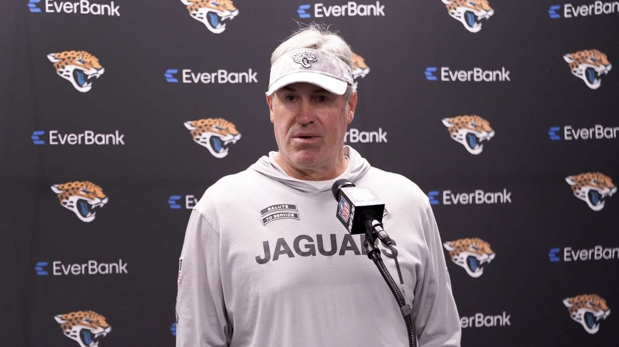 Jacksonville Jaguars head coach Doug Pederson talks to the media after an NFL football game against the Detroit Lions, Sunday, Nov. 17, 2024, in Detroit.