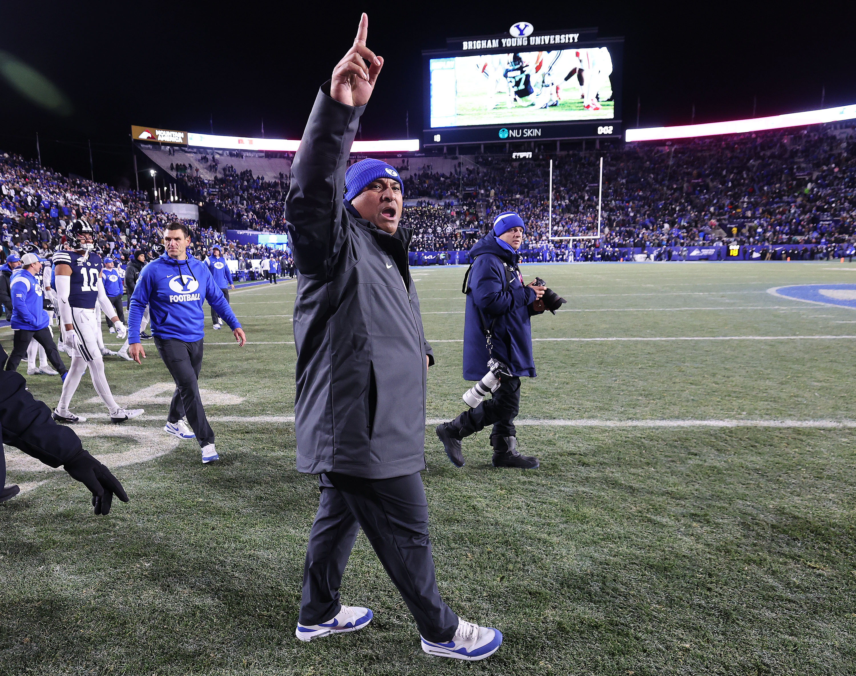 Brigham Young head coach Kalani Sitake celebrates the win over the Houston Cougars in Provo on Saturday, Nov. 30, 2024. BYU won 30-18.