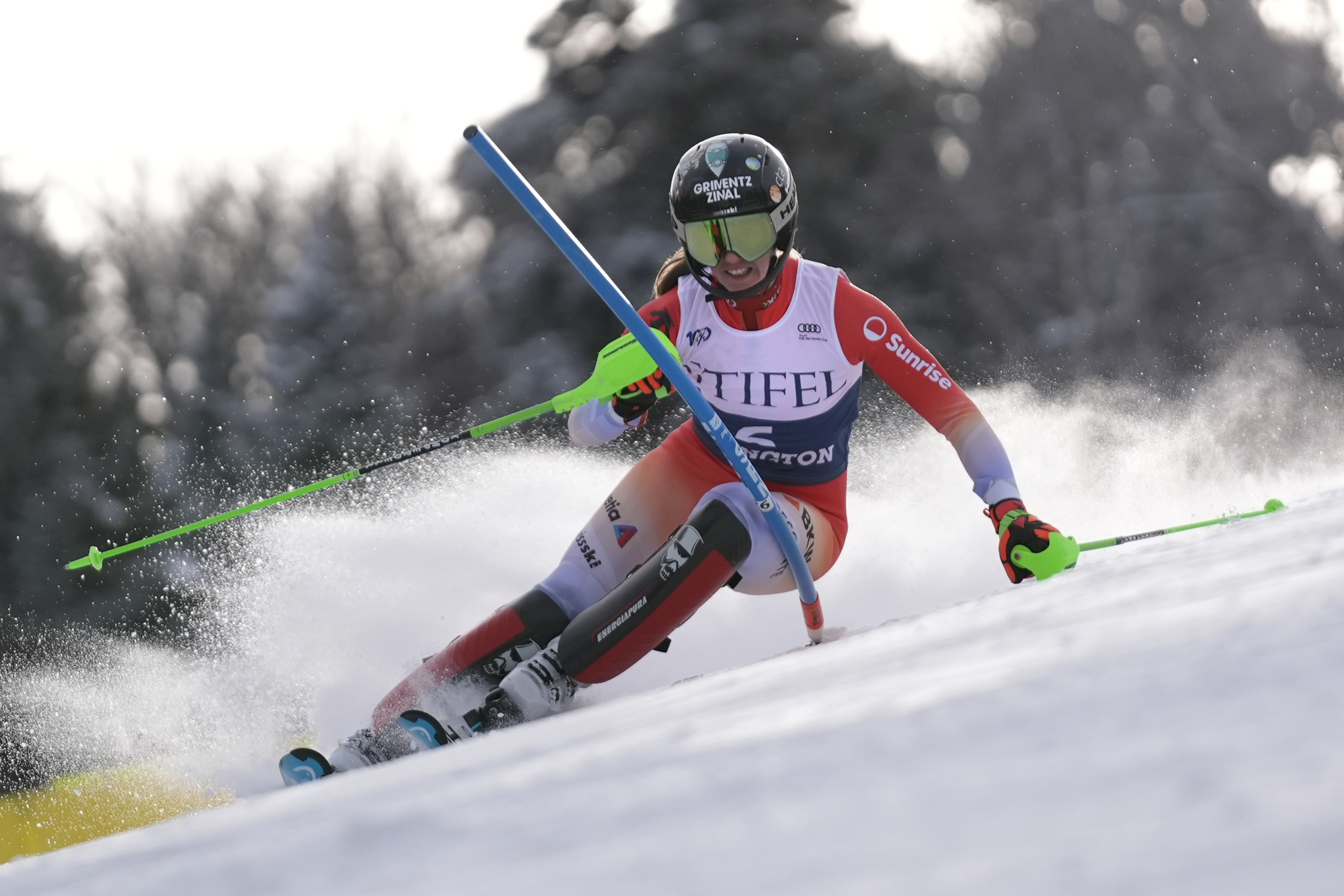 Camille Rast, of Switzerland, competes during a women's World Cup slalom skiing race, Sunday, Dec. 1, 2024, in Killington, Vt.