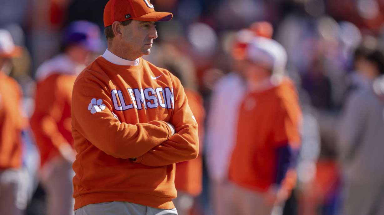 Clemson head coach Dabo Swinney looks on before an NCAA college football game against South Carolina Saturday, Nov. 30, 2024, in Clemson, S.C.