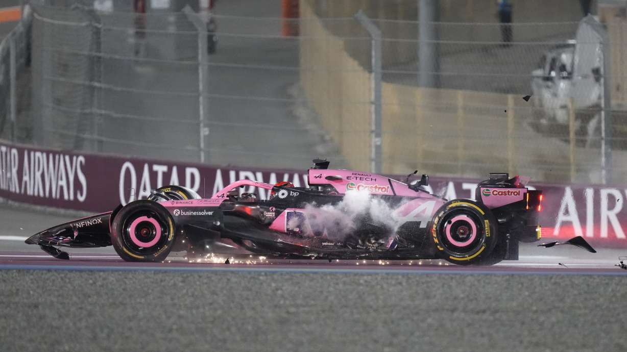 Alpine driver Esteban Ocon of France crashes out of the race during the Qatar Formula One Grand Prix at the Lusail International Circuit in Lusail, Qatar, Sunday, Dec. 1, 2024.