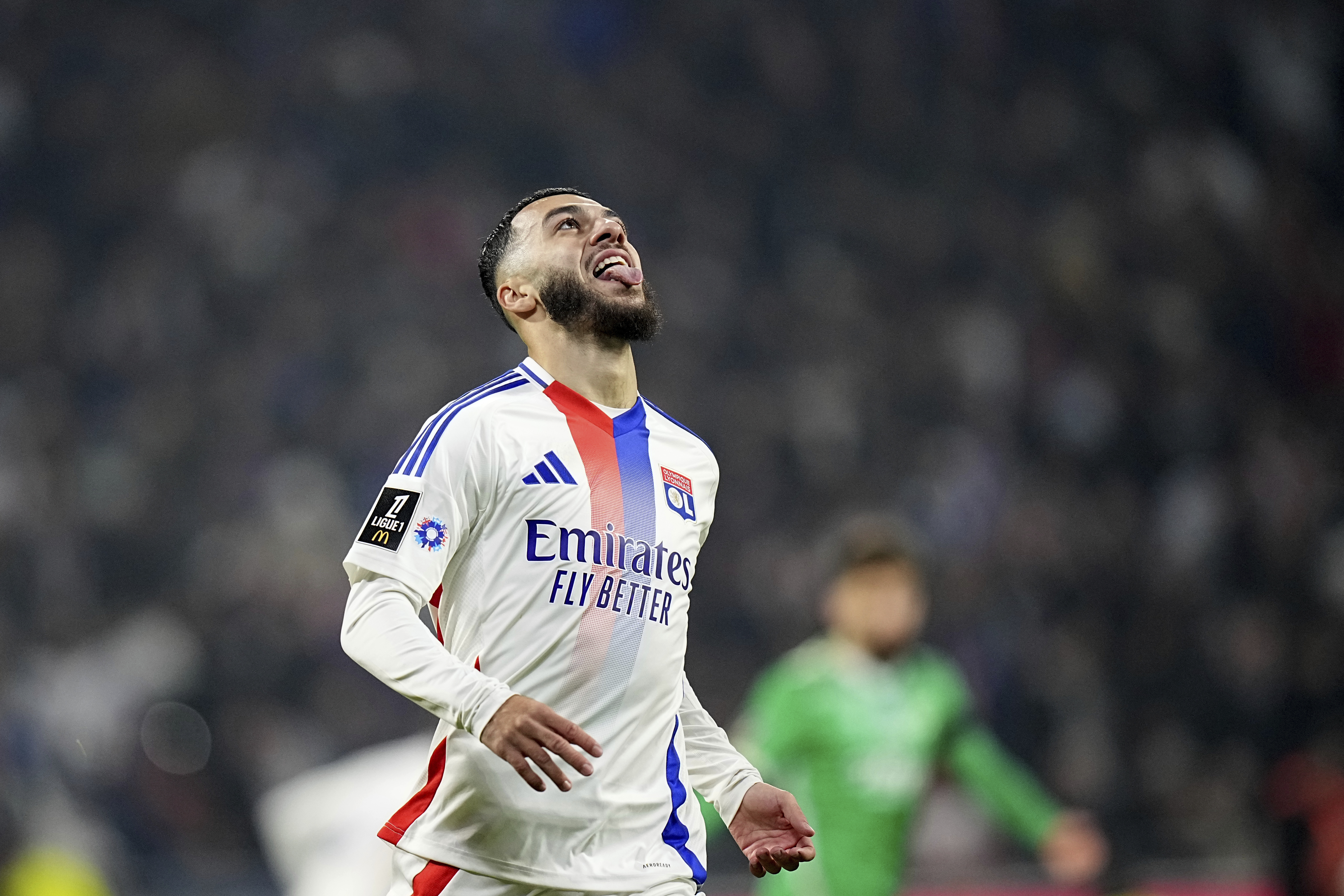 Lyon's Georges Mikautadze reacts during the French League One soccer match between Lyon and Saint-Etienne at the Groupama stadium in Decines, outside Lyon, France, Sunday, Nov. 10, 2024.