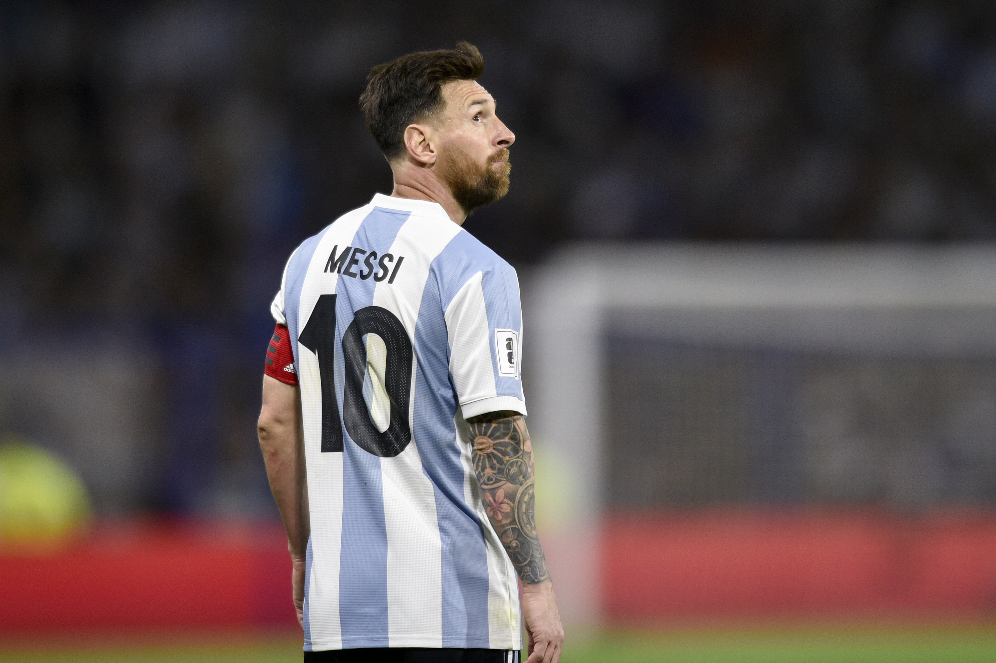 Argentina's Lionel Messi walks off the field at the half time of a FIFA World Cup 2026 qualifying soccer match against Peru at La Bombonera stadium in Buenos Aires, Argentina, Tuesday, Nov. 19, 2024.
