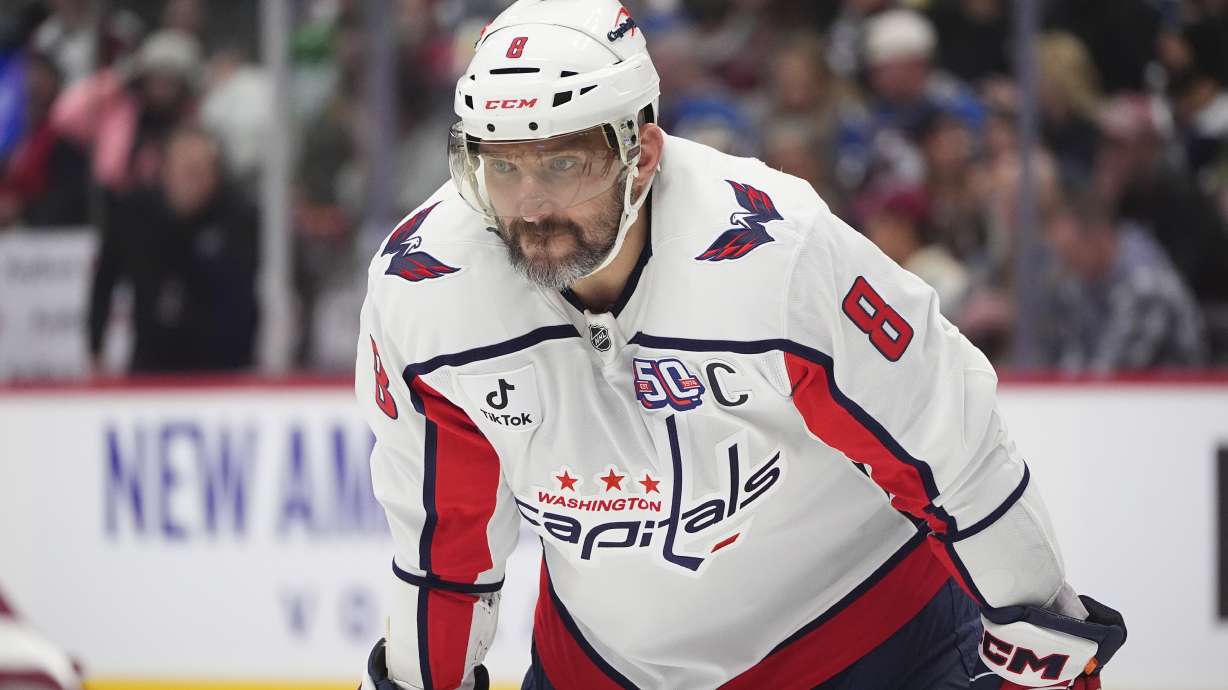 FILE - Washington Capitals left wing Alex Ovechkin (8) in the second period of an NHL hockey game Friday, Nov. 15, 2024, in Denver.