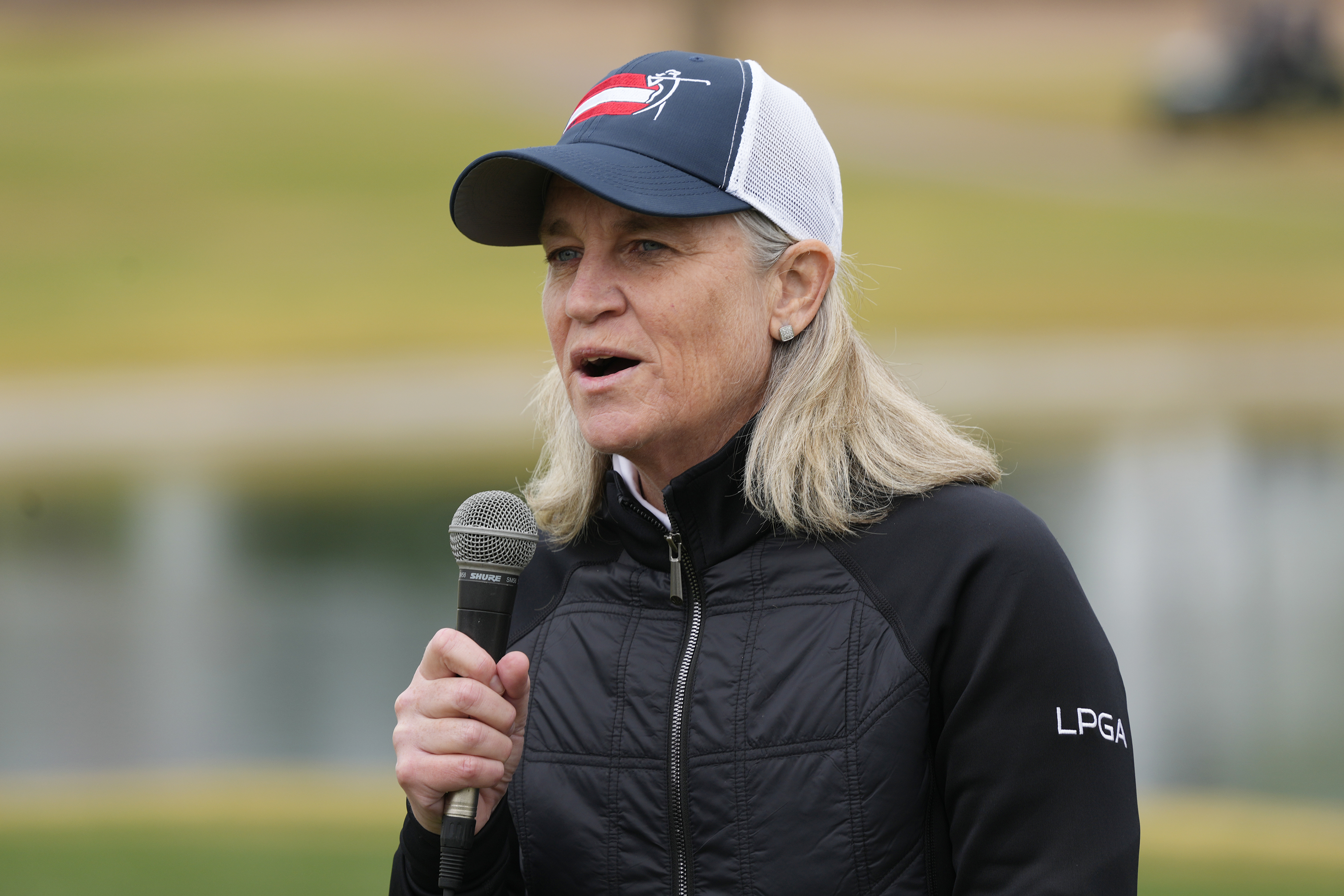 FILE - LPGA commissioner Mollie Marcoux Samaan speaks to the gallery after the final round of the LPGA Ford Championship golf tournament Sunday, March 31, 2024, in Gilbert, Ariz.