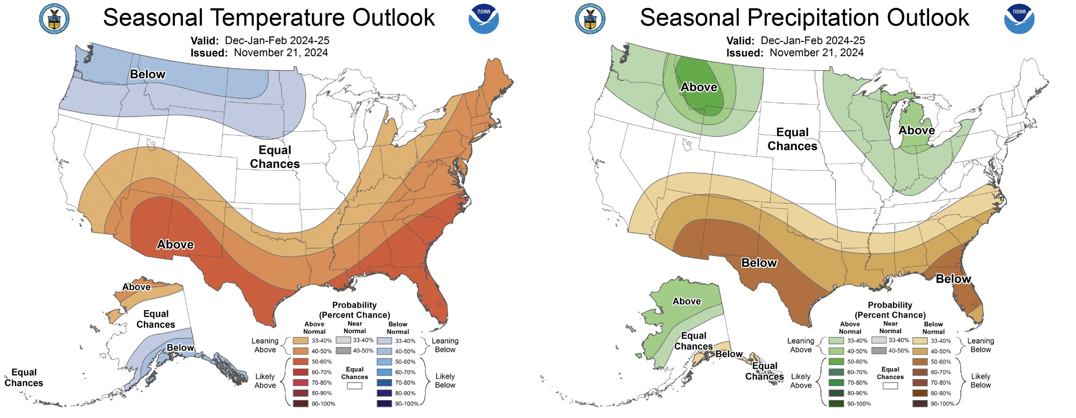 These maps show the temperature and precipitation probabilities for the U.S. from Dec. 1 of this year through Feb. 28, 2025. Most of Utah is expected to have a warmer winter, but precipitation totals are less certain.