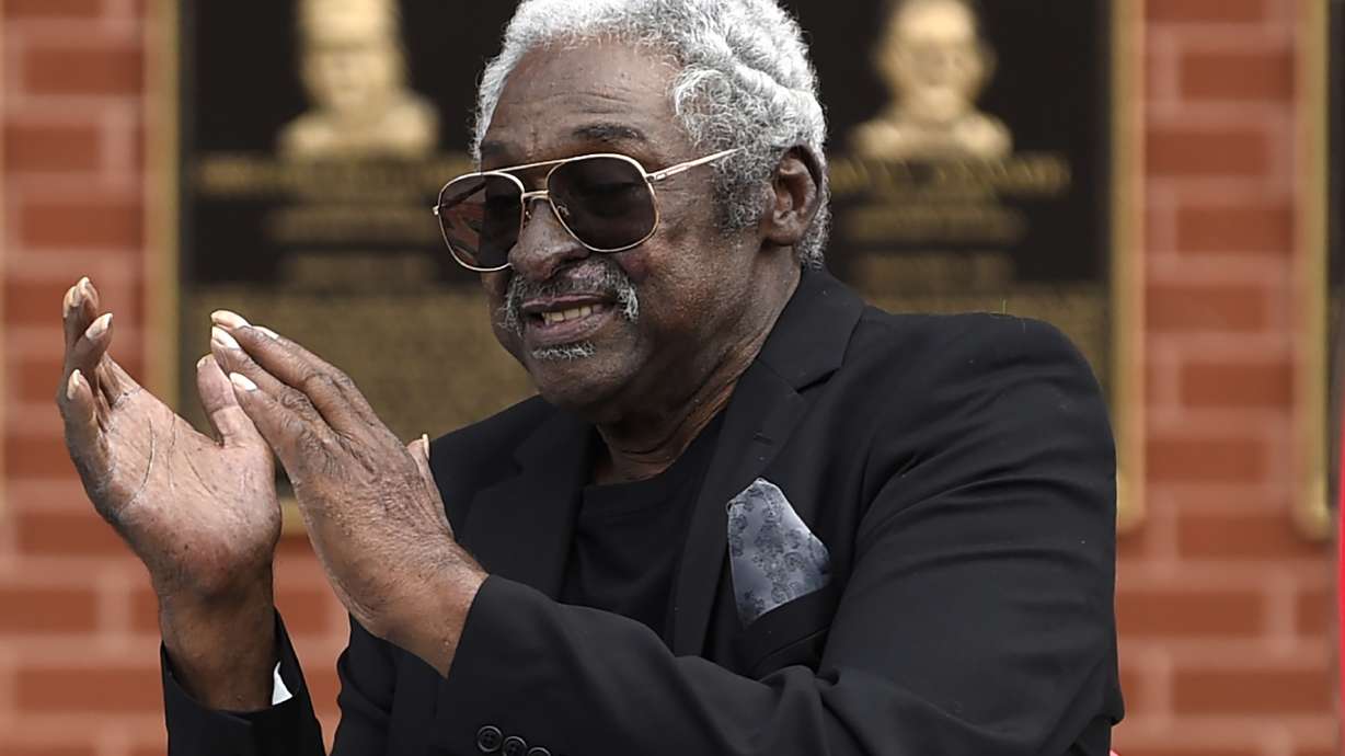 FILE - Former Philadelphia Phillies player Dick Allen reacts after a ceremony unveiling his retired number prior to a baseball game between the Phillies and the Washington Nationals in Philadelphia, Thursday, Sept. 3, 2020.