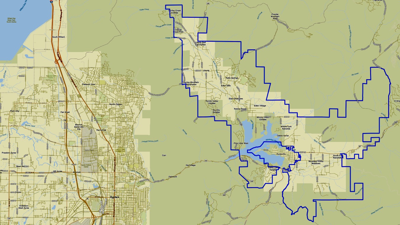 The future of the planned Weber County city, Ogden Valley, will be the focus of a public meeting on Wednesday. The city is shown outlined in blue.