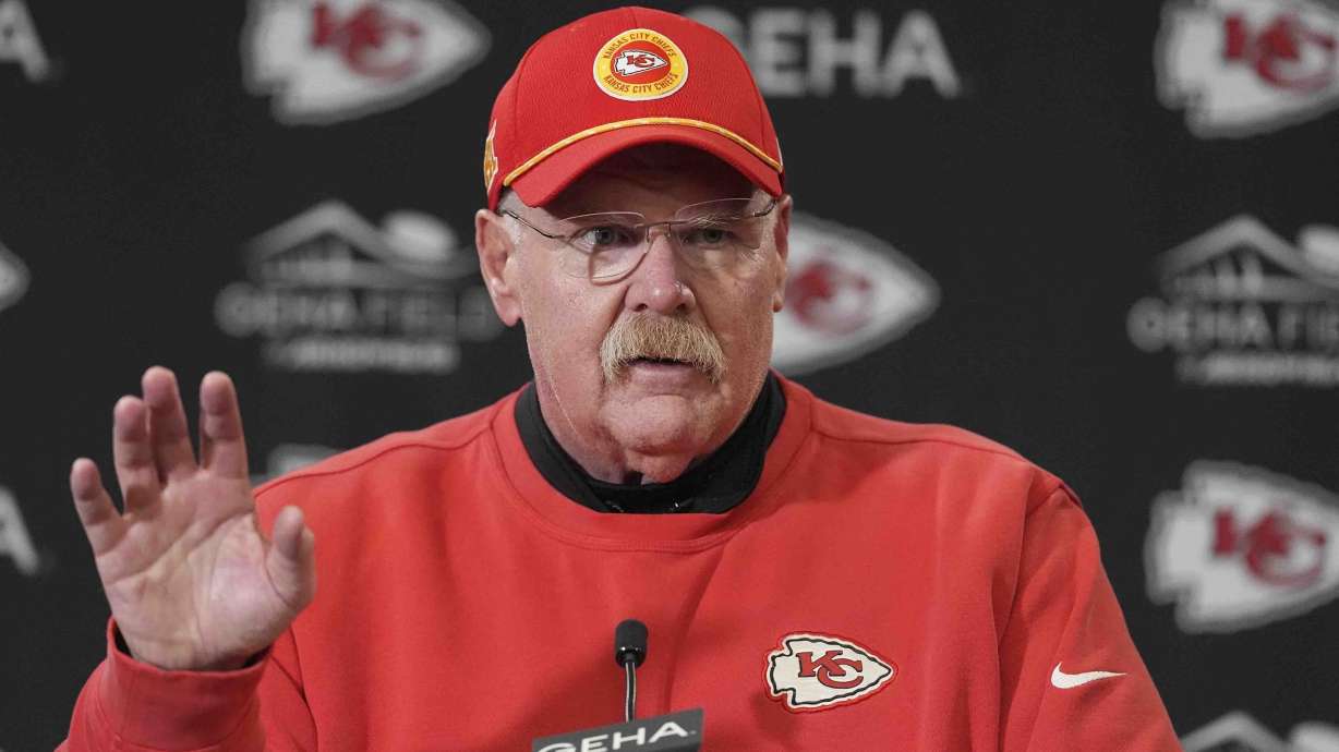 Kansas City Chiefs head coach Andy Reid speaks during a news conference following an NFL football game against the Las Vegas Raiders in Kansas City, Mo., Friday, Nov. 29, 2024.