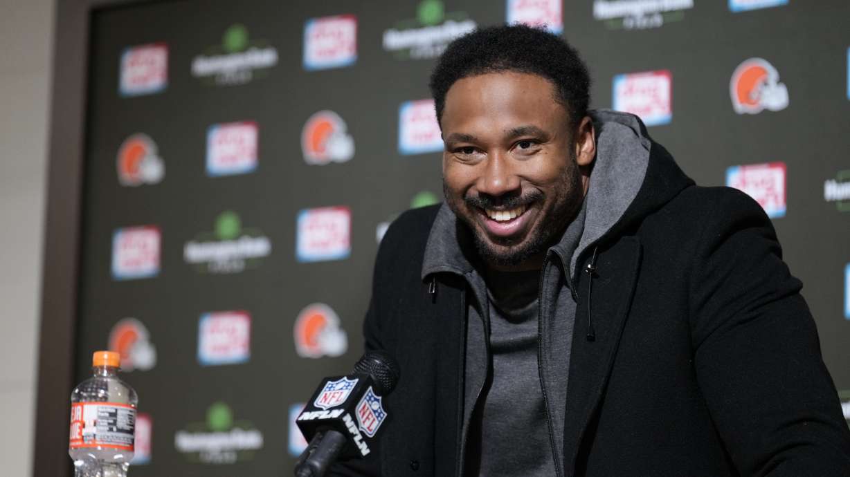 Cleveland Browns defensive end Myles Garrett talks to reporters after an NFL football game against the Pittsburgh Steelers, Friday, Nov. 22, 2024, in Cleveland. The Browns won 24-19.