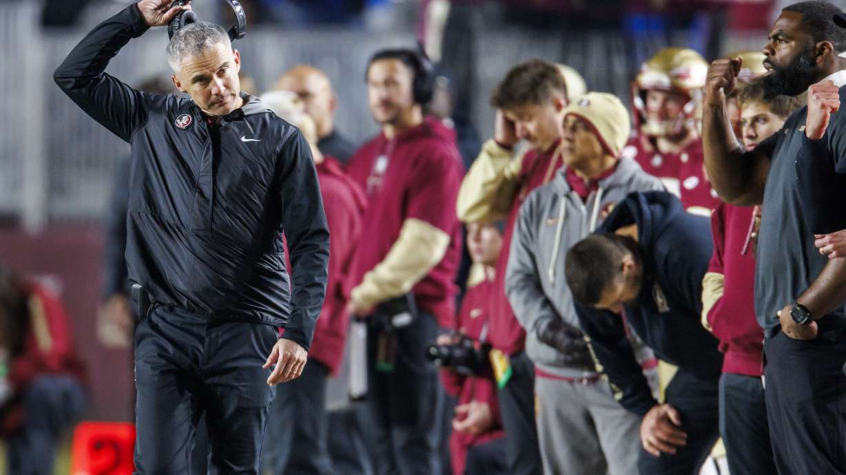 Florida State head coach Mike Norvell reacts to his team's play against Florida late in the second half of an NCAA college football game Saturday, Nov. 30, 2024, in Tallahassee, Fla.