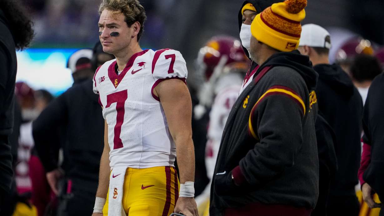 Southern California quarterback Miller Moss (7) looks on from the sideline during the first half of an NCAA college football game against Washington, Saturday, Nov. 2, 2024, in Seattle.