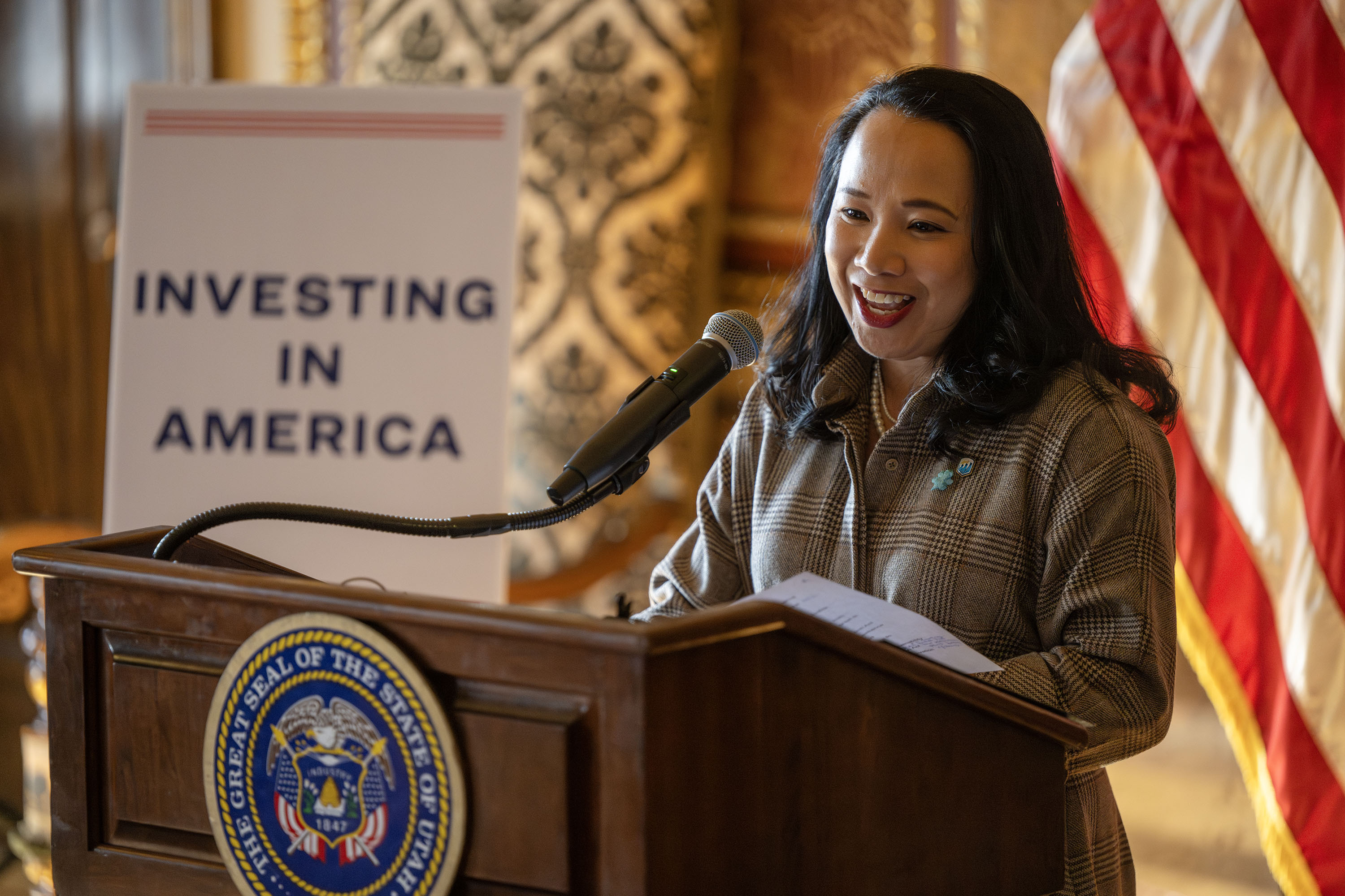 Bureau of Reclamation Commissioner Camille Calimlim Touton speaks as she joins Utah Gov. Spencer J. Cox, Utah Department of Natural Resources Executive Director Joel Ferry, Great Salt Lake Commissioner Brian Steed and other state leaders to hold a press conference in the gold room at the Capitol in Salt Lake City to announce an investment from the Inflation Reduction Act to benefit the Great Salt Lake on Monday.