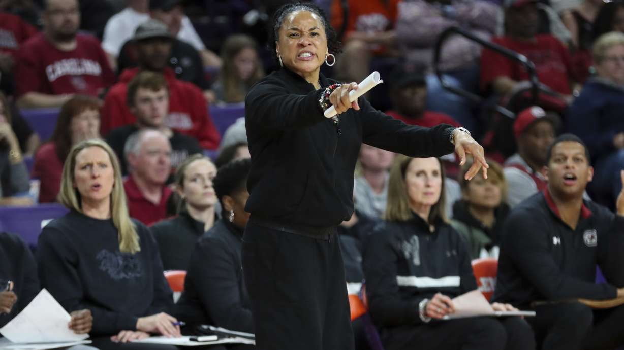 South Carolina head coach Dawn Staley wants a foul called under the basket during the second half of an NCAA college basketball game against Clemson Wednesday, Nov. 20, 2024, in Clemson, S.C.