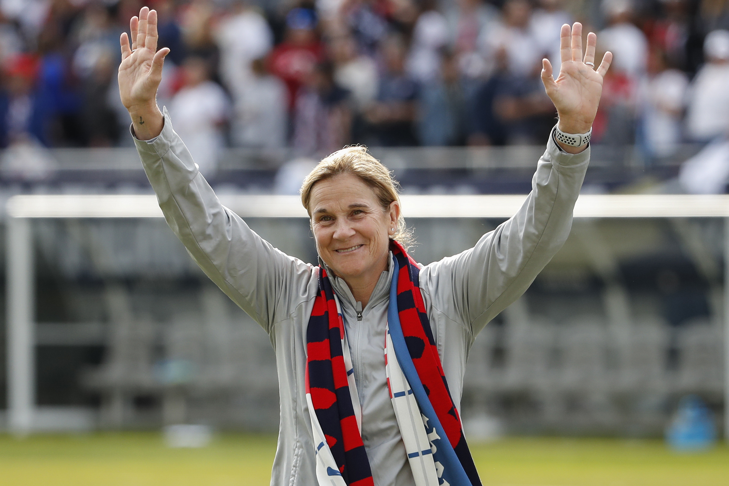 FILE - United States head coach Jill Ellis waves to the crowd as she leaves the field after an international friendly soccer match between the United States and South Korea on Sunday, Oct. 6, 2019, in Chicago.