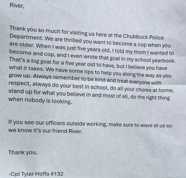 Chubbuck police Sgt. Tyler Hoffa wrote this letter to River Elquezabal, seen in this undated photo.