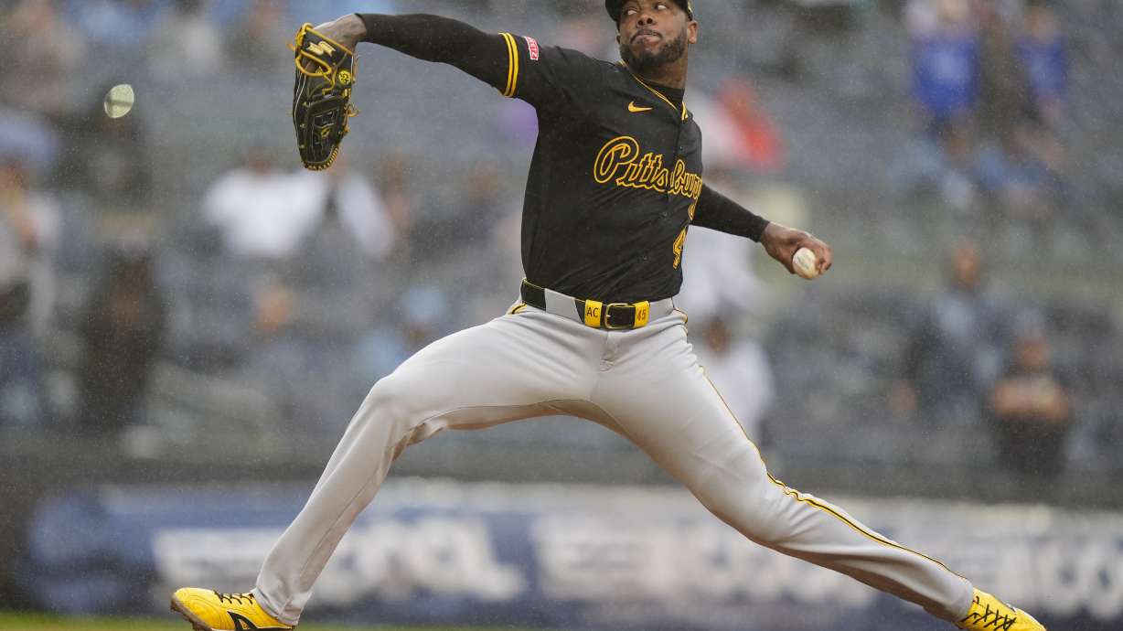 FILE - Pittsburgh Pirates' Aroldis Chapman pitches during the ninth inning of a baseball game against the New York Yankees, Sept. 28, 2024, in New York.