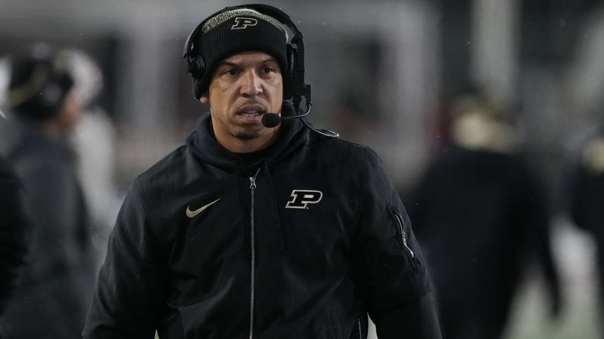 Purdue head coach Ryan Walters watches during the second half of an NCAA college football game against Indiana, Saturday, Nov. 30, 2024, in Bloomington, Ind.