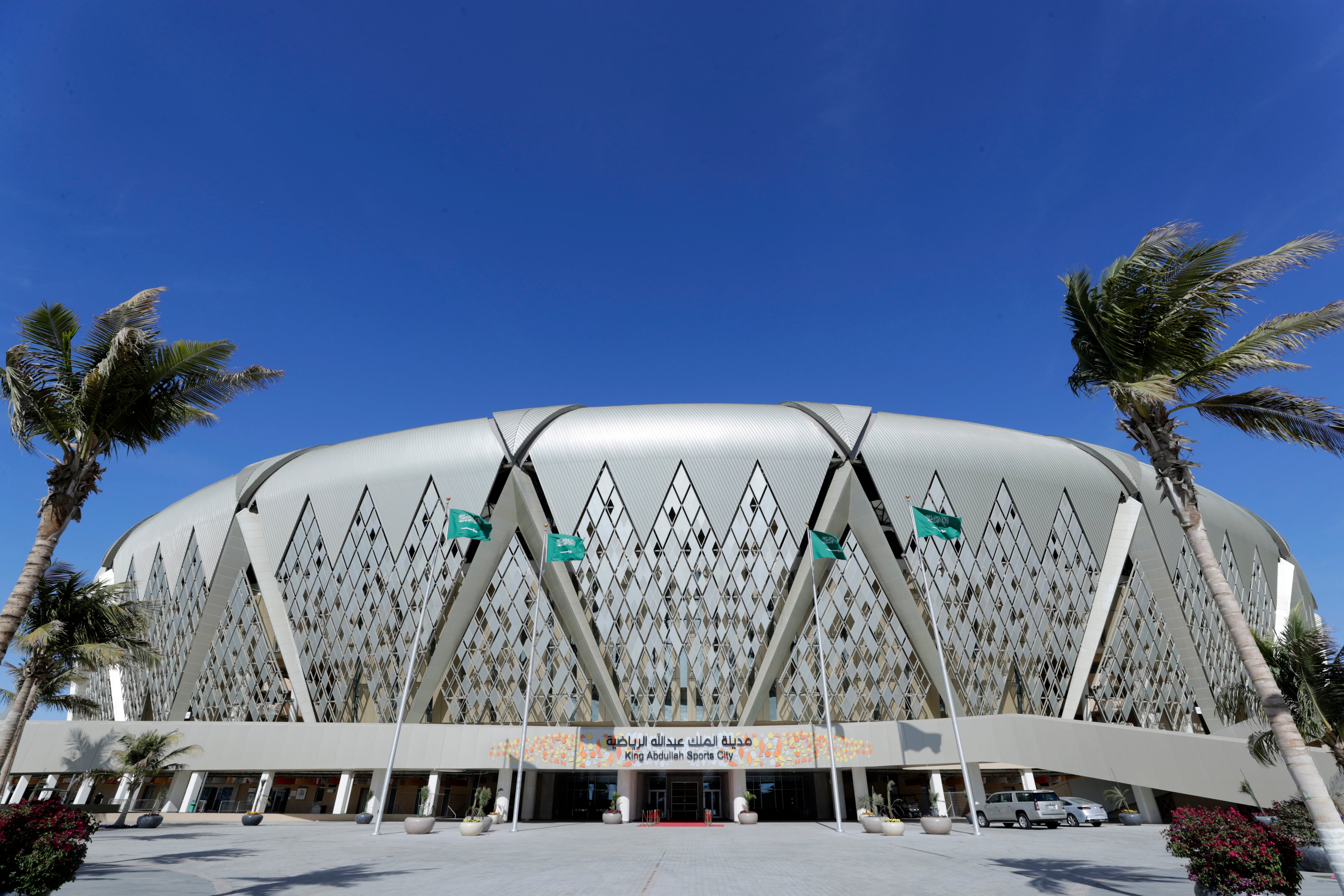 The King Abdullah Sports City Stadium in Jeddah, Saudi Arabia in 2020, on the eve of the Spanish Super Cup Final between Real Madrid and Atletico Madrid. The stadium is one of 15 proposed venues for the 2034 FIFA World Cup.