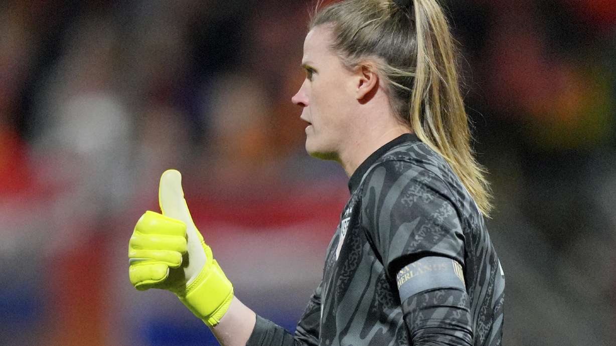 United States goalkeeper Alyssa Naeher gestures during the international friendly women's soccer match between the Netherlands and the United States at the ADO Den Haag Stadium in The Hague, Netherlands, Tuesday, Dec. 3, 2024.