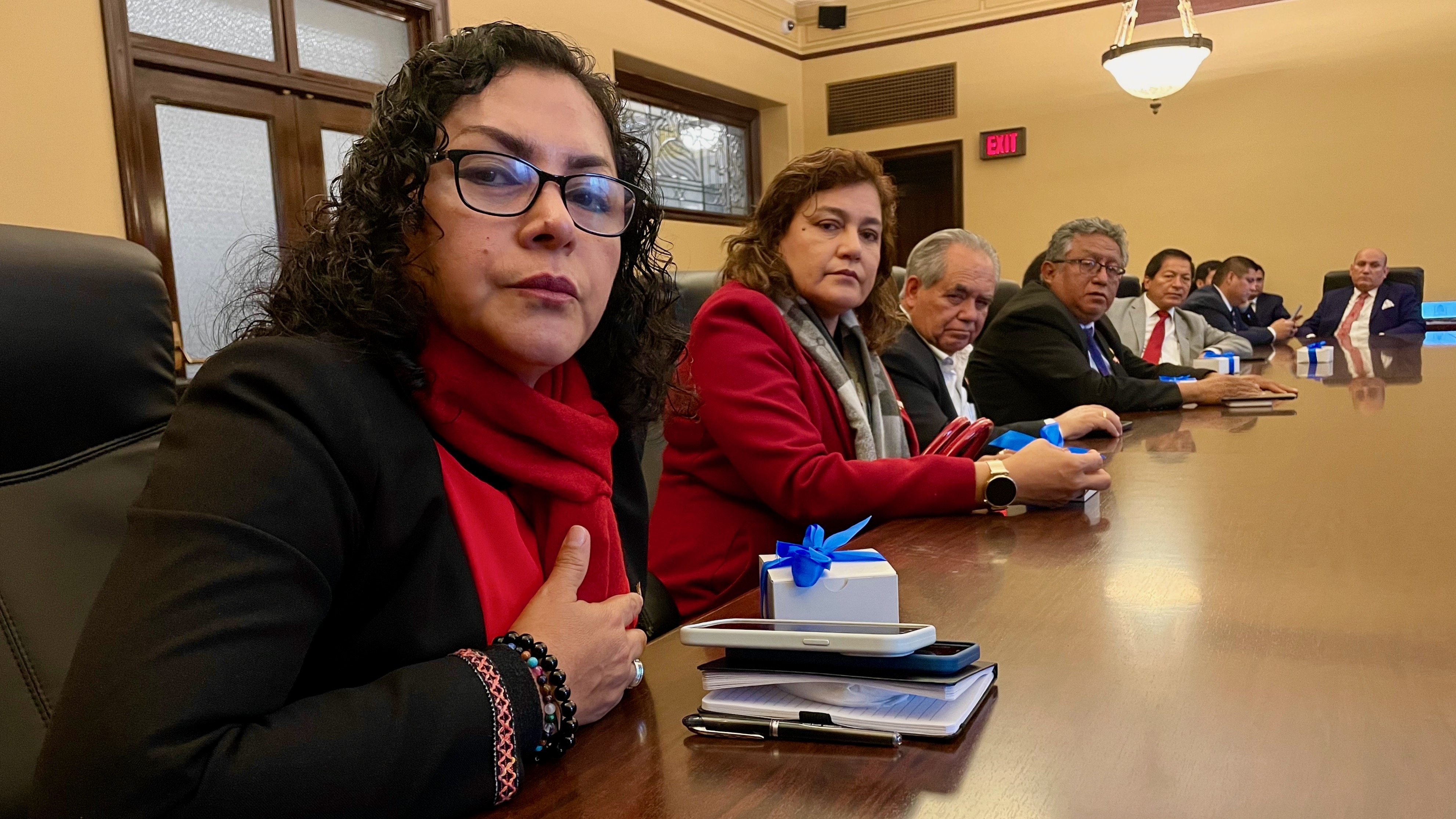 Karol Paredes Fonseca, left, a member of Congress in Peru, during a visit to the state Capitol in Salt Lake City with other Peruvian government and business officials on Tuesday. They are on a trade mission to Utah.