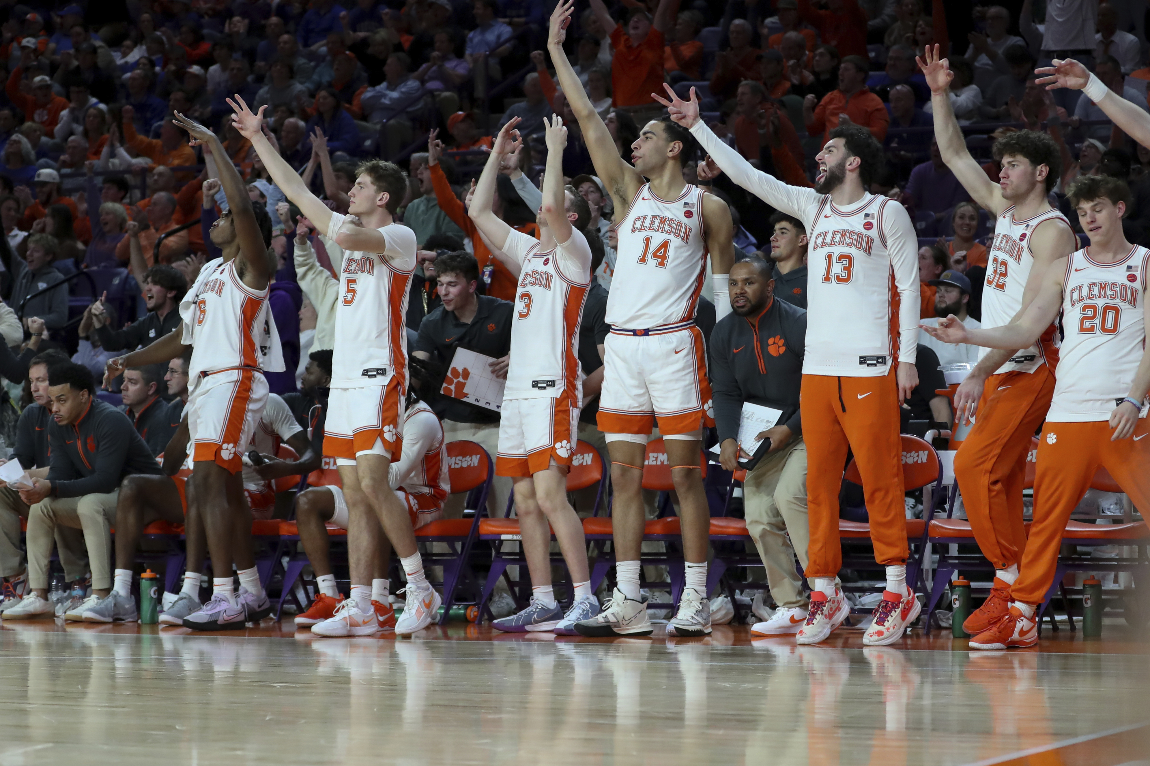 Clemson celebrates a made 3-pointer during the second half of an NCAA college basketball game against Kentucky Tuesday, Dec. 3, 2024, in Clemson, S.C.