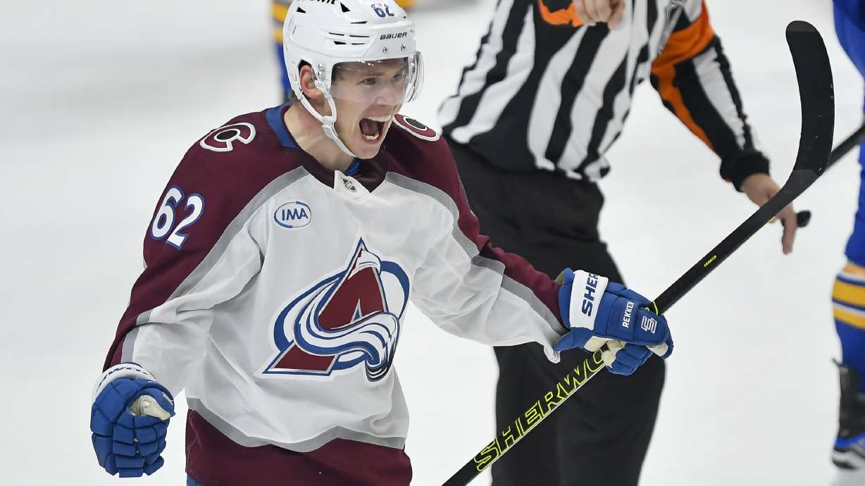 Colorado Avalanche left wing Artturi Lehkonen (62) celebrates after scoring during the third period of an NHL hockey game against the Buffalo Sabres in Buffalo, N.Y., Tuesday, Dec. 3, 2024.