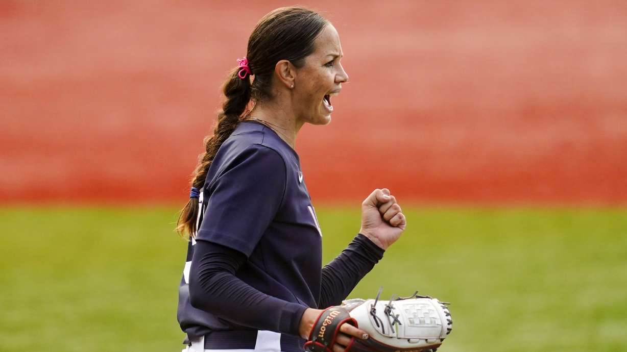 FILE - United States' Cat Osterman reacts after the sixth inning of a softball game against Mexico at the 2020 Summer Olympics, July 24, 2021, in Yokohama, Japan.