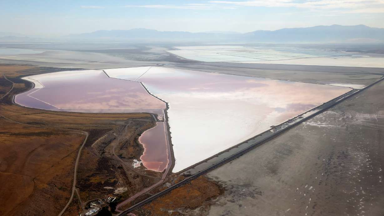 Salt evaporation ponds are pictured on the east side of Promontory Point on Aug. 4, 2022. The Utah State Legislature and the Board of Oil, Gas, and Mining are facing conflicts over brine extraction from the Great Salt Lake.