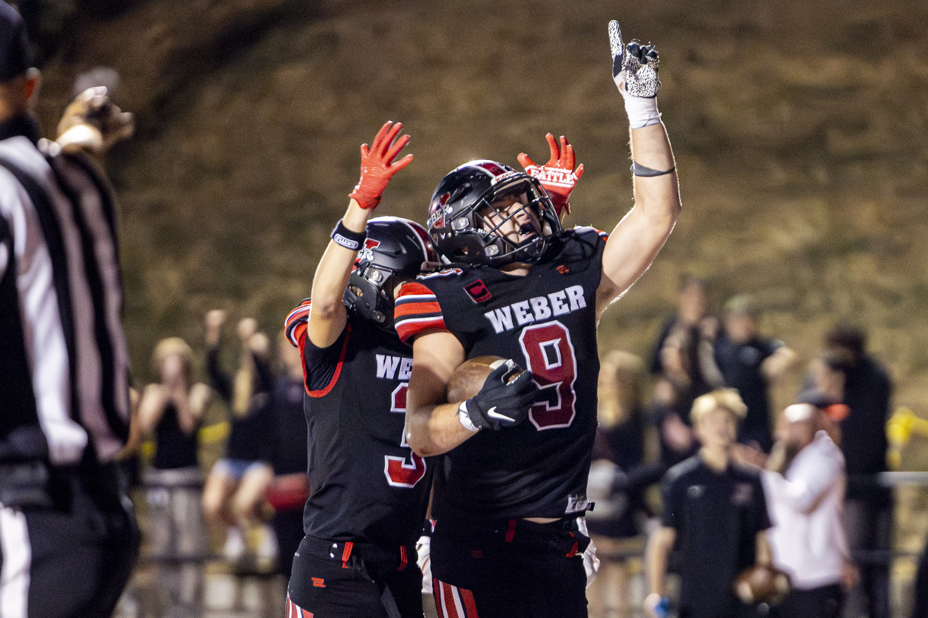 Weber tight end Tyler Payne (9) celebrates his touchdown against Davis during a game held at Weber High School in Pleasant View on Friday, Sept. 20, 2024.