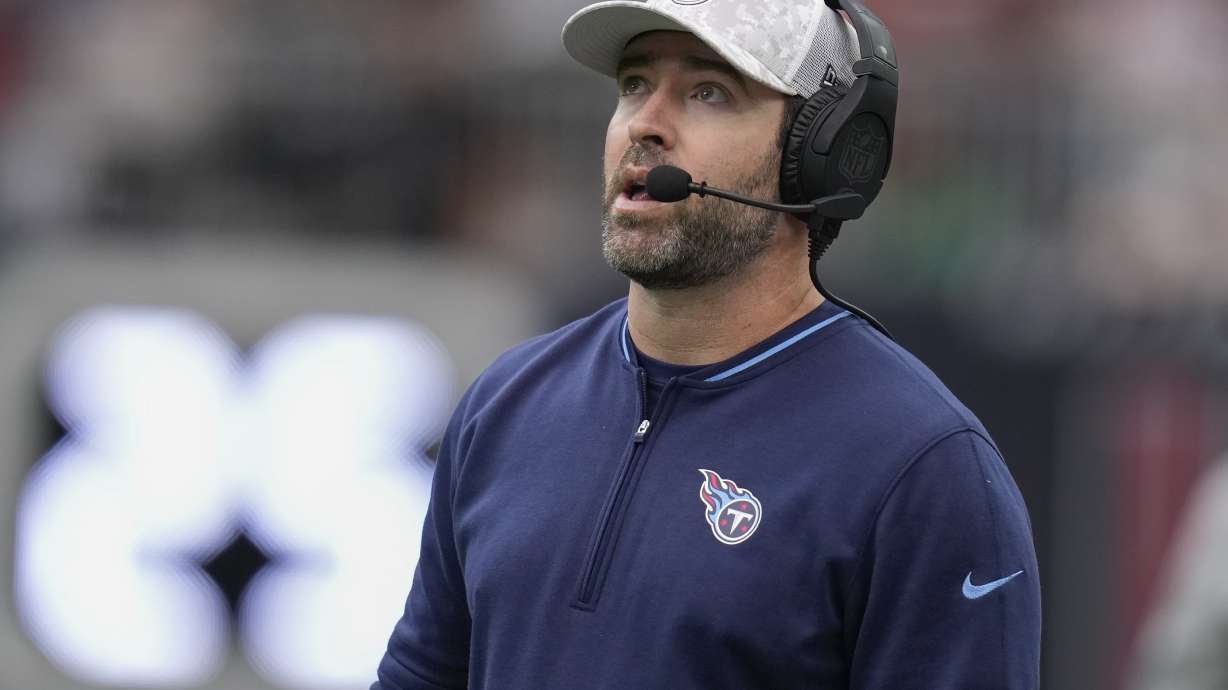 Tennessee Titans head coach Brian Callahan looks onto the field during the first half of an NFL football game against the Houston Texans, Sunday, Nov. 24, 2024, in Houston.